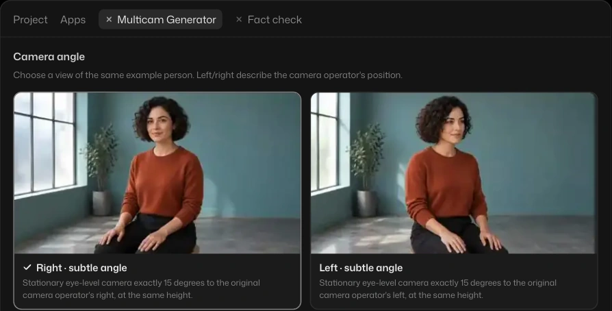 The Selects Multicam Generator example with right- and left-angle previews of the same person.