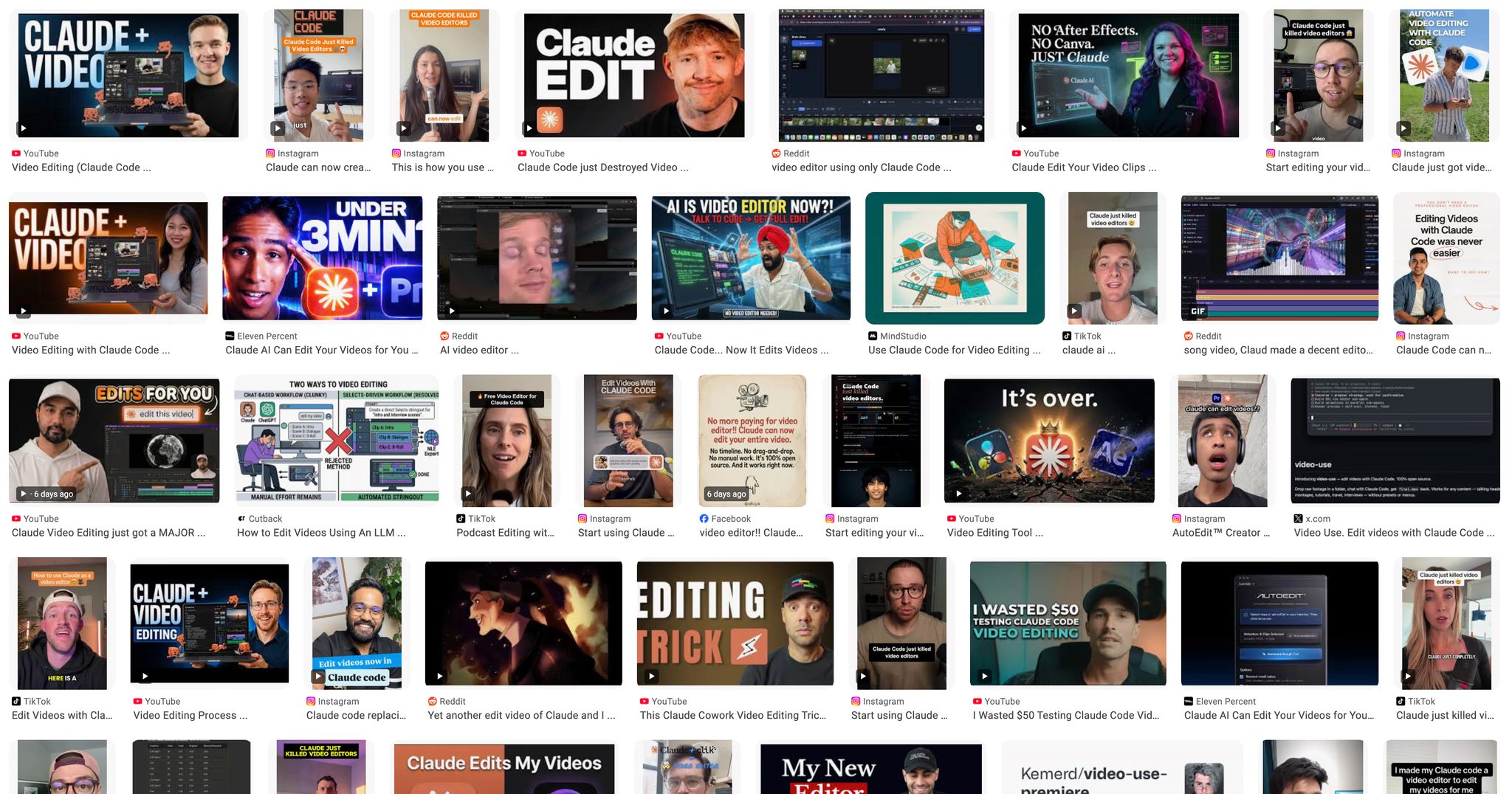 A wall of YouTube, TikTok and Reddit posts announcing that Claude can now edit video