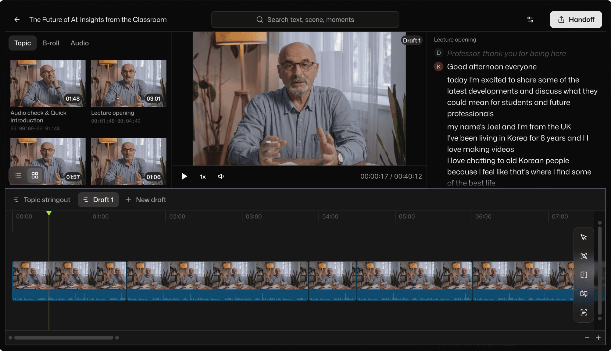 Selects Lecture editing with AI